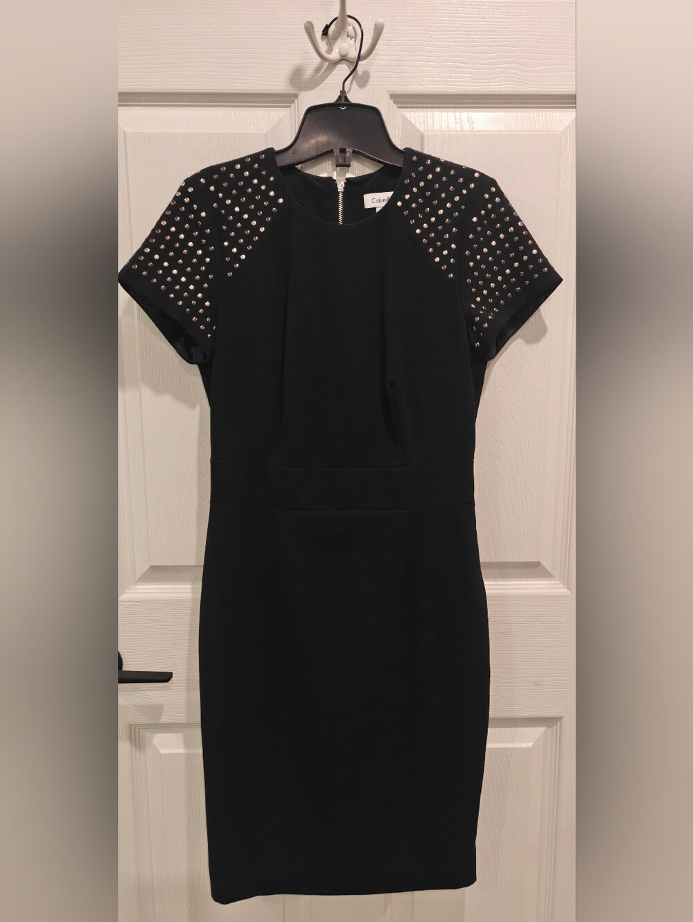 Calvin Klein Black Dress with Metallic Studded Cap Sleeves - Zipper Back